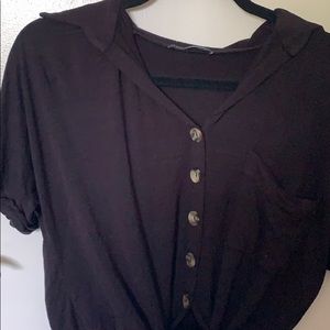 Black button-down tie front shirt